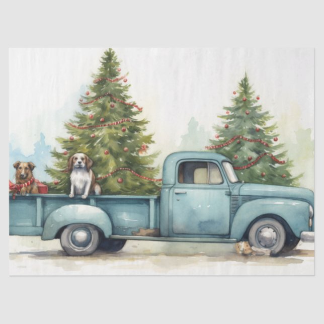 Retro Blue Truck with Holiday Trees & Dogs Tissue Paper (Front)