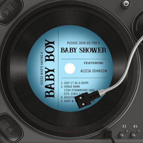 Retro Blue Vignette Vinyl Record Boy Baby Shower Invitation