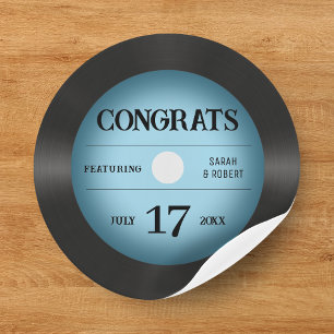 Retro Blue Vinyl Record Wedding Congratulations Classic Round Sticker