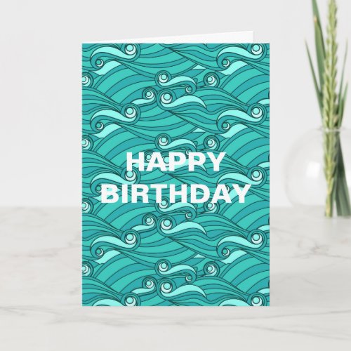 Retro blue waves doodle surf art card