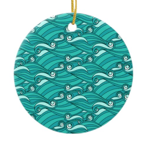 Retro blue waves doodle surf art ceramic ornament