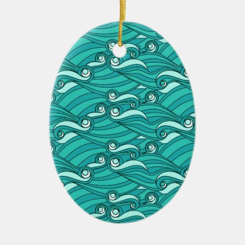 Retro blue waves doodle surf art ceramic ornament