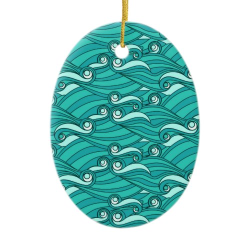 Retro blue waves doodle surf art ceramic ornament