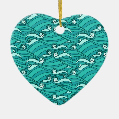 Retro blue waves doodle surf art ceramic ornament