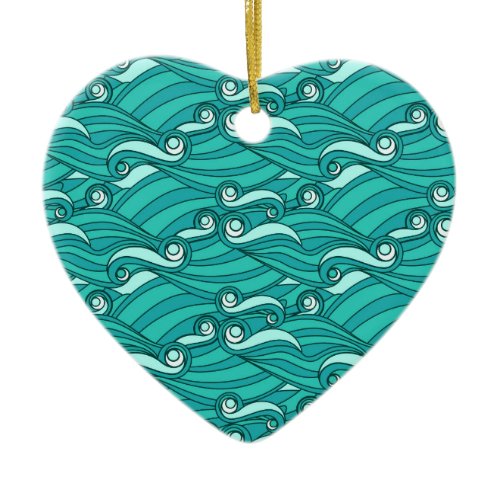 Retro blue waves doodle surf art ceramic ornament