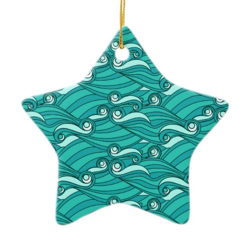 Retro blue waves doodle surf art ceramic ornament