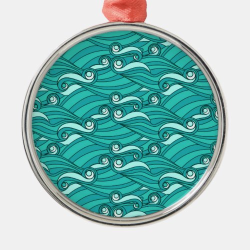 Retro blue waves doodle surf art metal ornament