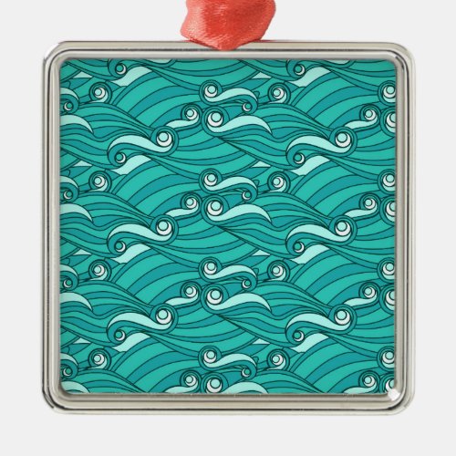 Retro blue waves doodle surf art metal ornament