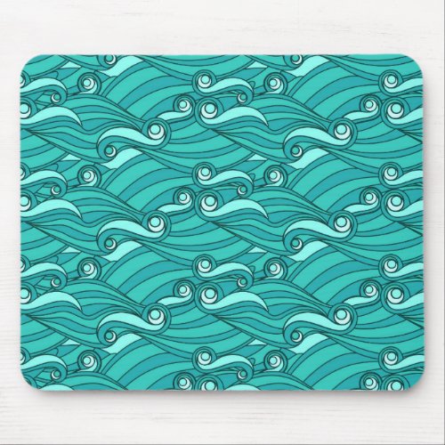 Retro blue waves doodle surf art mouse pad
