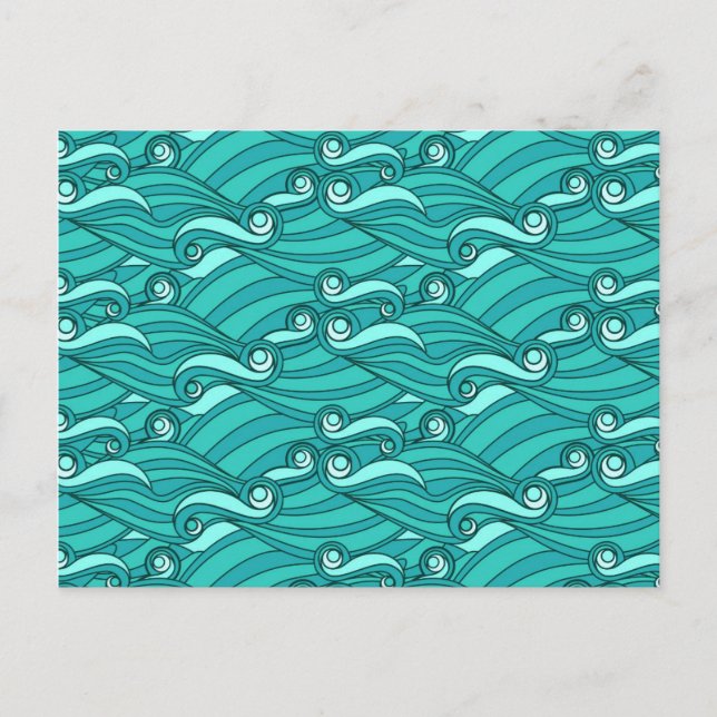 Retro blue waves doodle surf art postcard (Front)