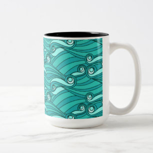 Retro blue waves doodle surf art Two-Tone coffee mug