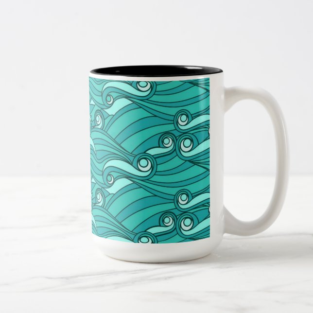 Retro blue waves doodle surf art Two-Tone coffee mug (Right)