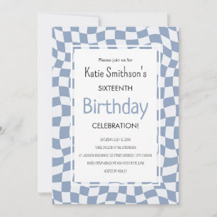 Retro Blue Wavy Check Birthday Invitation