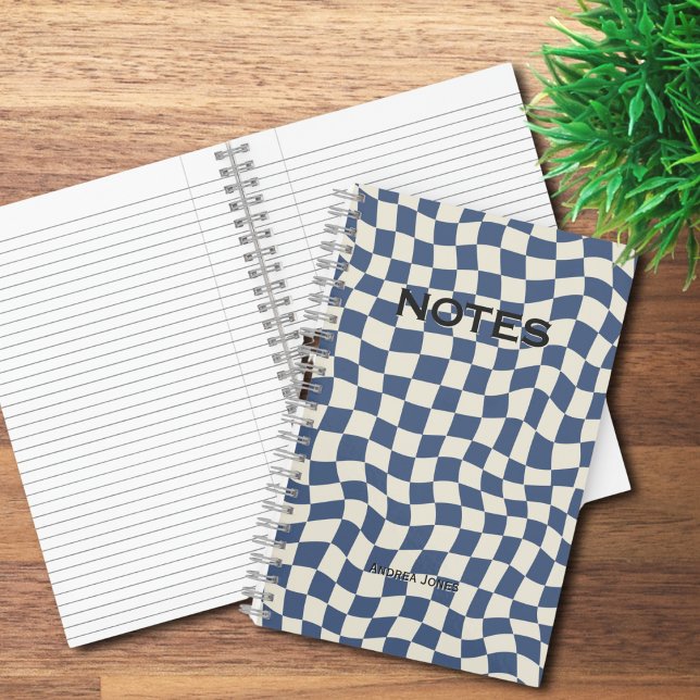 Retro Blue Wavy Check Monogrammed Name Notebook (Creator Uploaded)