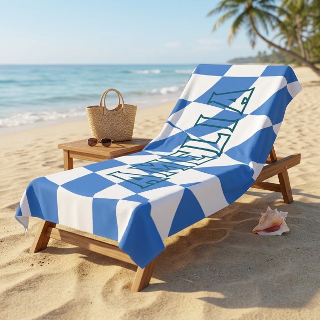 Retro Blue Wavy Checkered Custom Name Beach Towel (Creator Uploaded)
