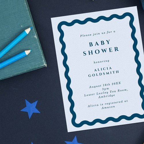 Retro Blue Wavy Frame Baby Shower Invitation