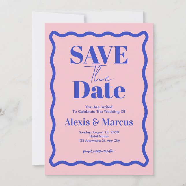 Retro Blue Wavy Squiggle Photo Wedding  Save The Date (Front)