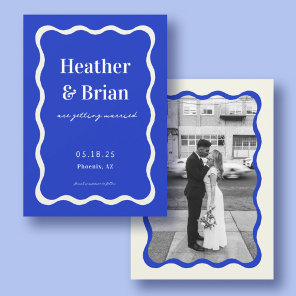 Retro Blue Wavy Squiggle Photo Wedding Save The Date