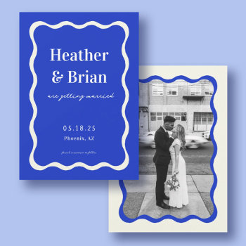 Retro Blue Wavy Squiggle Photo Wedding Save The Date by SweetRainDesign at Zazzle