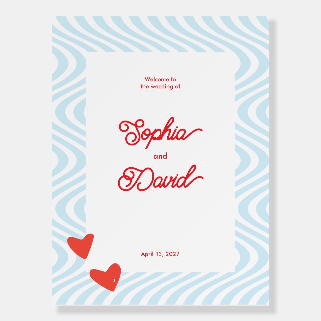 Retro Blue Wavy Wedding Welcome Sign (Front)