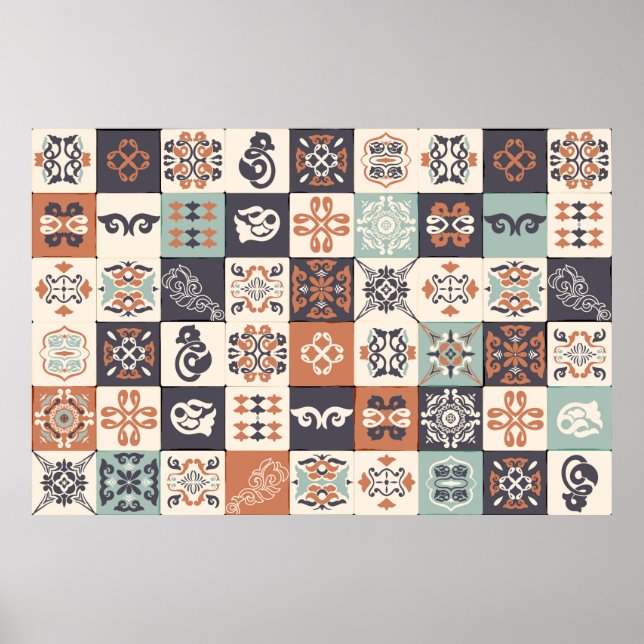 Retro Blue, white and orange Azulejos Pattern Lisb Poster (Front)