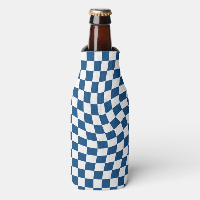 Retro Blue White Checked Warped Checkered  Bottle Cooler (Bottle Front)