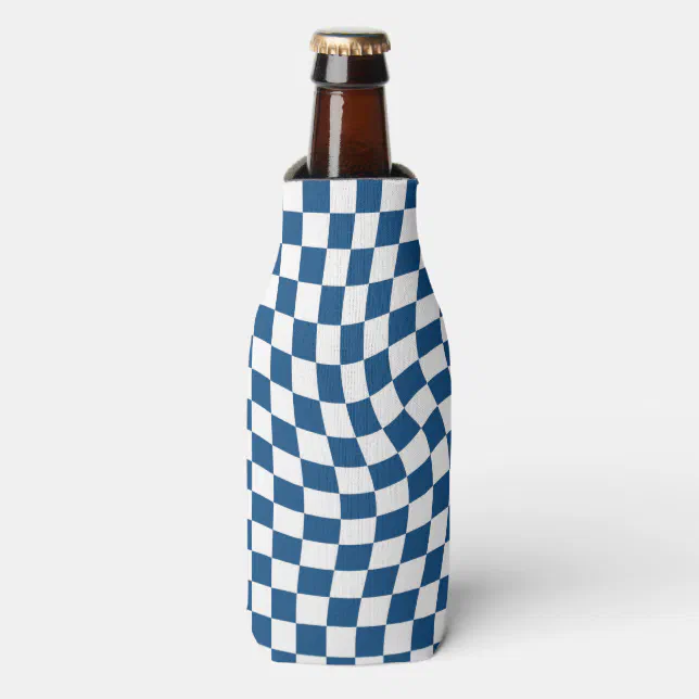 Retro Blue White Checked Warped Checkered Bottle Cooler | Zazzle