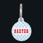 Retro Blue White Checkered Dog Puppy Cat Name Pet ID Tag<br><div class="desc">Create your own custom, personalized, bold christmas red rustic vintage western script / typography custom name at front and back, and retro cool chic stylish geometric trendy light blue checkered chequered checks checkers pattern background, , durable, 100% recycled steel, pet dog cat doggy puppy kitten kitty ID name tag. Simply...</div>