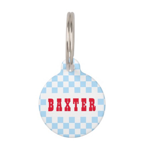 Retro Blue White Checkered Dog Puppy Cat Name Pet ID Tag