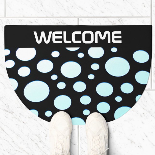 Retro Blue & White Polka Dots Modern Black Welcome Doormat (Creator Uploaded)