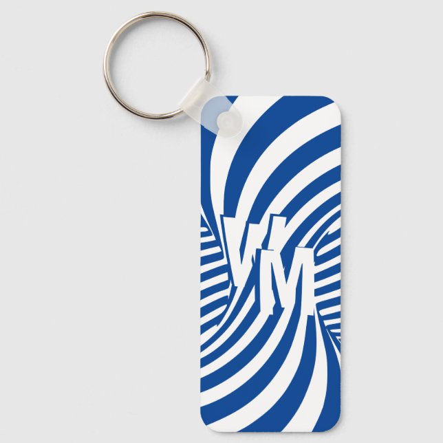 Retro Blue White Psychedelic Spiral Monogrammed Ke Keychain (Front)