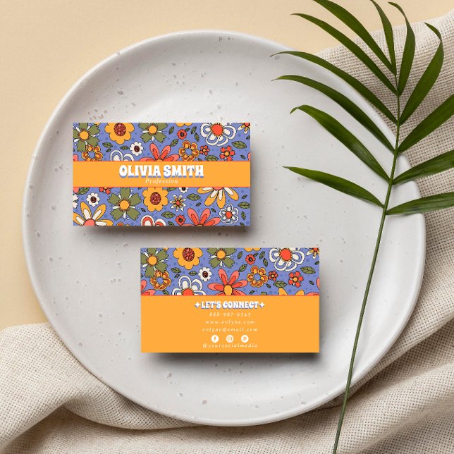 Retro Blue Yellow Boho  Groovy Floral 70s Trendy Business Card (Creator Uploaded)