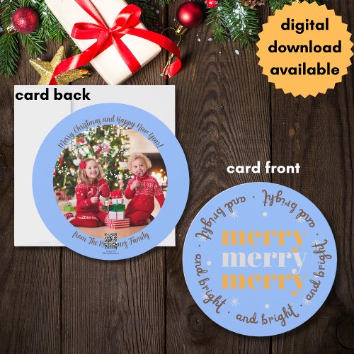 Retro Blue Yellow Brown Circle Photo Christmas Holiday Card