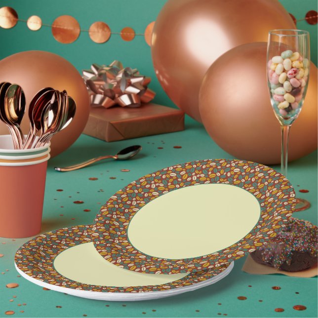 Retro Blue Yellow Brown Java Coffee Beans Pattern  Paper Plates (Multi)