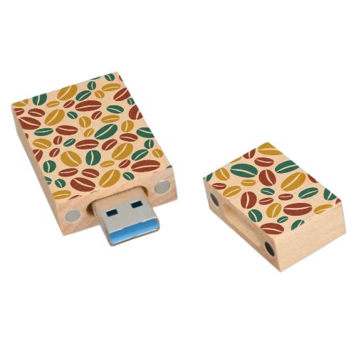 Retro Blue Yellow Brown Java Coffee Beans Pattern Wood Flash Drive