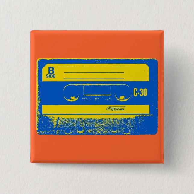 Retro Blue & Yellow Cassette Tape Button (Front)