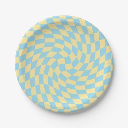 Retro Blue Yellow Checks Warped Checkerboard Paper Plates