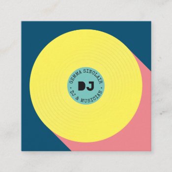 Retro Blue Yellow Modern Music Dj Vinyl Musician Square Business Card by moodii at Zazzle