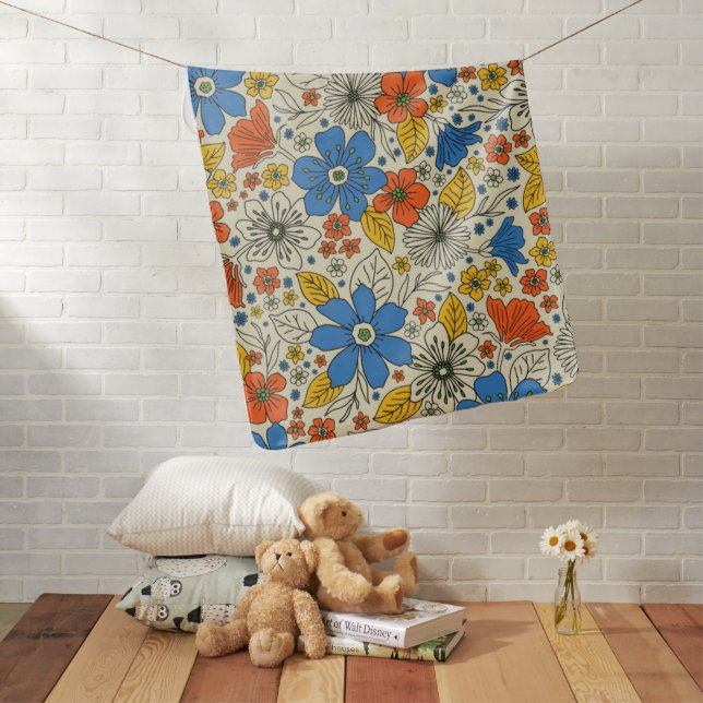 Retro Blue, Yellow & Orange Floral Baby Blanket (In Situ)