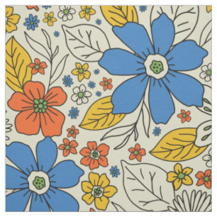 Retro Blue, Yellow & Orange Floral Fabric
