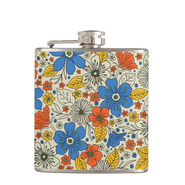 Retro Blue, Yellow & Orange Floral Flask (Front)
