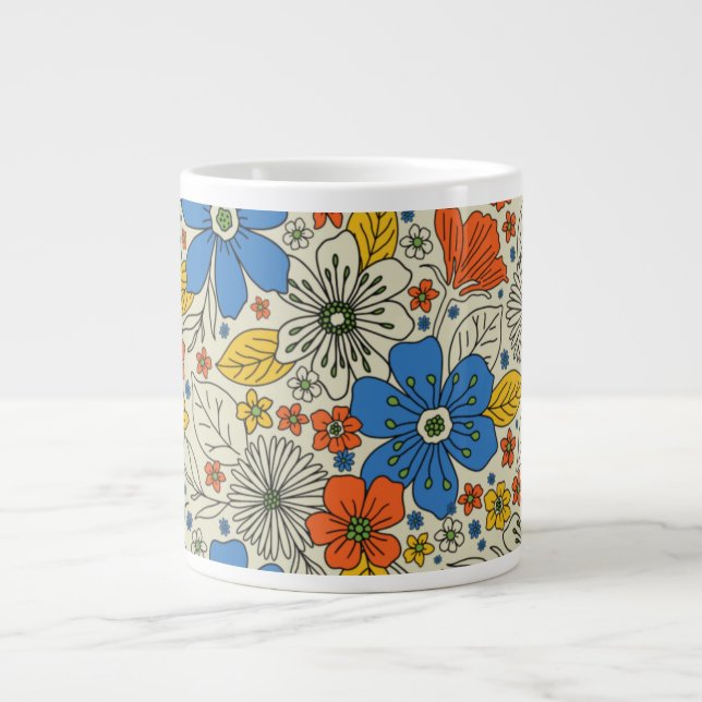 Retro Blue, Yellow & Orange Floral Giant Coffee Mug (Front)