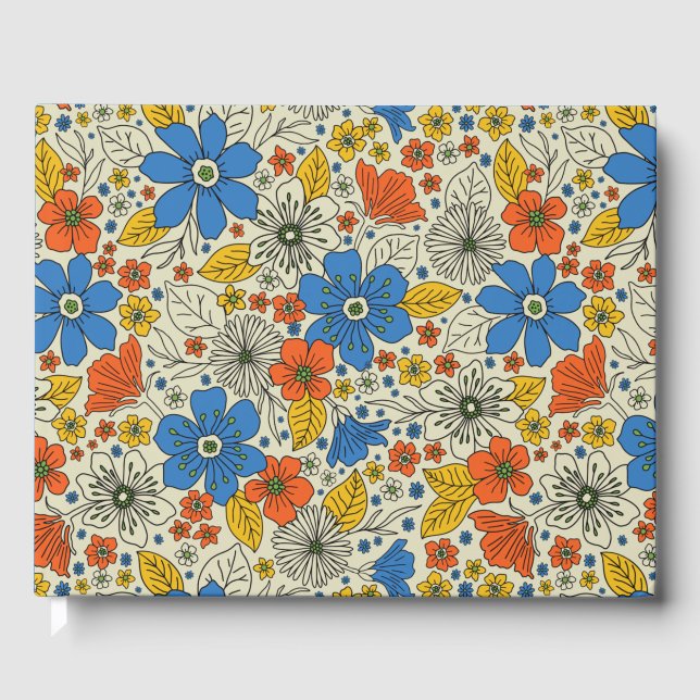 Retro Blue, Yellow & Orange Floral Guest Book (Front)