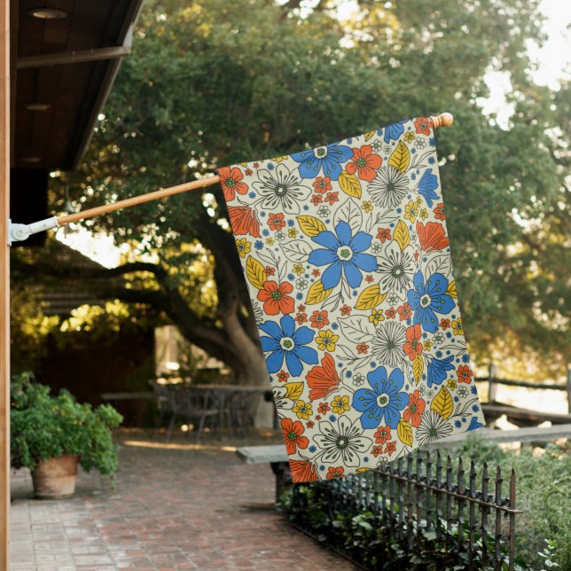 Retro Blue, Yellow & Orange Floral House Flag (In SItu)
