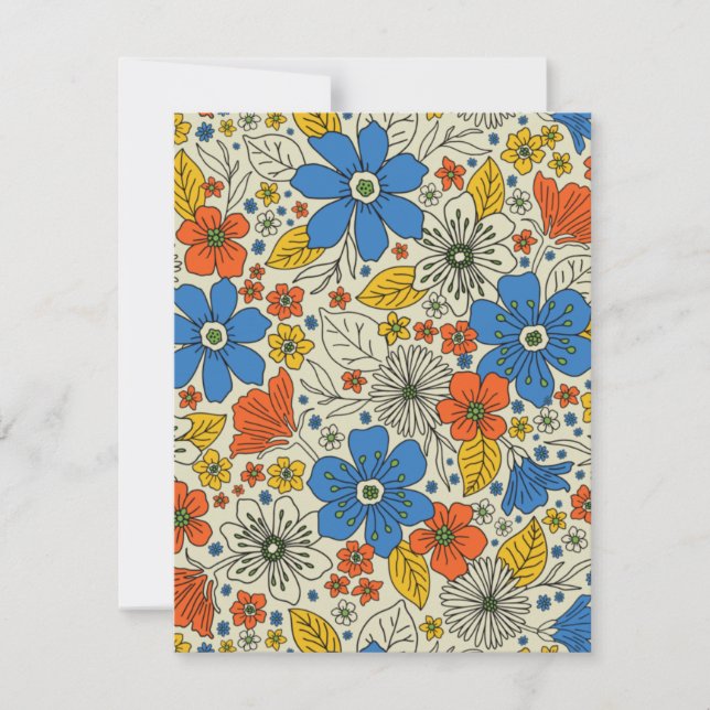 Retro Blue, Yellow & Orange Floral Note Card (Front)