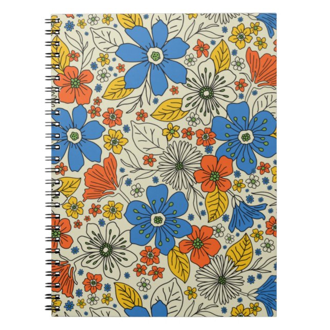 Retro Blue, Yellow & Orange Floral Notebook (Front)