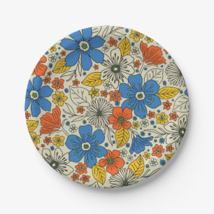 Retro Blue, Yellow & Orange Floral Paper Plates