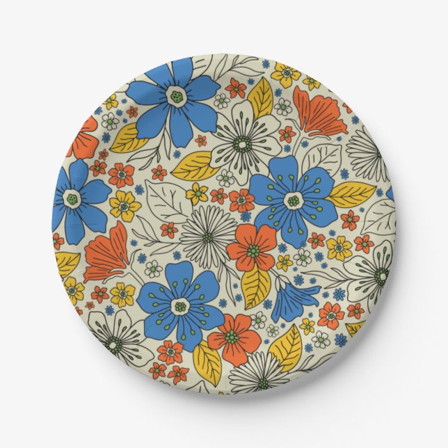 Retro Blue, Yellow & Orange Floral Paper Plates (Front)