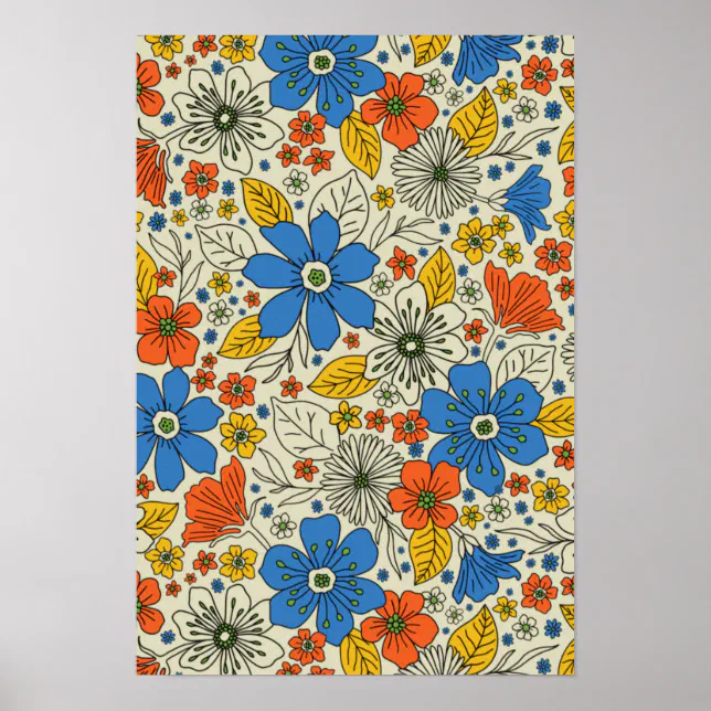 Retro Blue, Yellow & Orange Floral Poster | Zazzle
