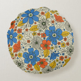 Retro Blue, Yellow & Orange Floral Round Pillow